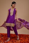 Buy_Preeti S Kapoor_Purple Dupion, Organza Sequins, Gota Patti Round Neck Straight Kurta Pant Set _at_Aza_Fashions