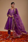 Buy_Preeti S Kapoor_Purple Dupion, Organza Embroidery Round Neck Anarkali Set _at_Aza_Fashions
