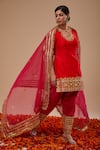 Buy_Preeti S Kapoor_Red Dupion, Organza Gota Patti, Sequins, Lace Keyhole Kurta Fuchsia Salwar Set _at_Aza_Fashions