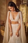 Seema Gujral_Beige Net Pearls, Sequins, Tassels Plunge Neck Champagne Fishcut Lehenga Set _Online_at_Aza_Fashions