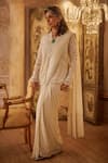 Buy_Seema Gujral_Ivory Georgette Sequins V-neck Pearl Jacket Pre-draped Saree Set _at_Aza_Fashions
