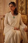 Shop_Seema Gujral_Ivory Georgette Sequins V-neck Pearl Jacket Pre-draped Saree Set _at_Aza_Fashions