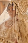 Shop_Seema Gujral_Beige Net Pearls, Tassels, Crystals Sweetheart Neck Embroidered Lehenga Set 