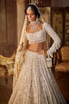 Buy_Seema Gujral_Beige Net Pearls, Tassels, Crystals Sweetheart Neck Embroidered Lehenga Set _Online