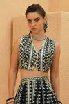 Sva By Sonam & Paras Modi_Blue Crepe Embroidery V-neck Embellished Crop Top And Pleated Lehenga Set _Online_at_Aza_Fashions