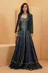 Buy_Sva By Sonam & Paras Modi_Blue Silk Cut Work Sweetheart Neck, Open Midnight Cape Jacket And Lehenga Set _at_Aza_Fashions