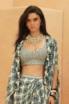 Buy_Sva By Sonam & Paras Modi_Blue Crepe Sweetheart , Open Zayna Cape With Metallic Bustier And Skirt _Online_at_Aza_Fashions