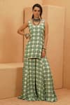Buy_Sva By Sonam & Paras Modi_Emerald Green Crepe Beads Square Neck Kurta And Sharara Set _at_Aza_Fashions