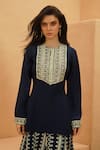 Sva By Sonam & Paras Modi_Blue Crepe Embroidery Round Neck Zahara Midnight Kurta And Flared Pant _Online_at_Aza_Fashions