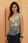 Buy_Sva By Sonam & Paras Modi_Blue Crepe Fringe V-neck Midnight Top And Drape Skirt _Online_at_Aza_Fashions