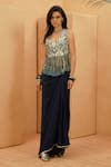 Buy_Sva By Sonam & Paras Modi_Blue Crepe Fringe V-neck Midnight Top And Drape Skirt _at_Aza_Fashions