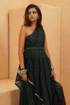 Buy_Sva By Sonam & Paras Modi_Emerald Green Silk, Georgette Cut Work One Shoulder Drape Top And Cowl Skirt _Online_at_Aza_Fashions