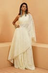 Buy_Sva By Sonam & Paras Modi_Ivory Silk Cut Work, Sequins Off-shoulder Cutwork Top And Embellished Pant Set _at_Aza_Fashions