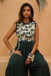 Shop_Sva By Sonam & Paras Modi_Emerald Green Georgette Round Neck Noura Mosaic Jumpsuit _at_Aza_Fashions