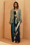 Sva By Sonam & Paras Modi_Multi Color Crepe Fringe Round Neck, Open Cape Jacket And Printed Drape Skirt Set _Online_at_Aza_Fashions