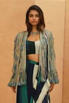 Buy_Sva By Sonam & Paras Modi_Multi Color Crepe Fringe Round Neck, Open Cape Jacket And Printed Drape Skirt Set _Online_at_Aza_Fashions
