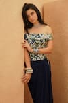 Sva By Sonam & Paras Modi_Blue Crepe Sequins, Beads Off-shoulder Embellished Corset And Draped Skirt Set _Online_at_Aza_Fashions