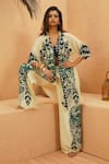 Sva By Sonam & Paras Modi_Ivory Crepe Beads Round Neck, Collared Printed Top And Pant Set _Online_at_Aza_Fashions
