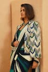Sva By Sonam & Paras Modi_Green Crepe Sequins, Beads Round Neck Suhana Stripe Pre-draped Saree Set _Online_at_Aza_Fashions