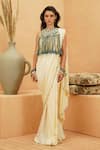 Buy_Sva By Sonam & Paras Modi_Ivory Silk Beads, Fringe Round Neck Embellished Pre-draped Saree Set _at_Aza_Fashions