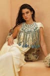 Sva By Sonam & Paras Modi_Ivory Silk Beads, Fringe Round Neck Embellished Pre-draped Saree Set _Online_at_Aza_Fashions