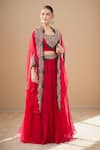 Buy_Prisho_Red Sequins, Beads, Embroidery Square , Open Maal Cape Skirt Set _at_Aza_Fashions