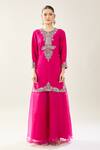 Prisho_Fuchsia Embroidery Round Neck Kairi Kurta Sharara Set _Online_at_Aza_Fashions
