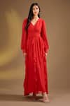 Buy_Ajiesh Oberoi_Red Silk V-neck Ruffle Charm Dress _at_Aza_Fashions