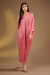 Buy_Ajiesh Oberoi_Pink Silk V-neck Hot Metallic Gold Aurora Kaftan _at_Aza_Fashions