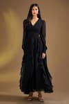 Buy_Ajiesh Oberoi_Black Silk V-neck Ruffle Charm Dress _at_Aza_Fashions