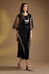 Buy_Ajiesh Oberoi_Black Silk Metallic Thread Round Neck Draped Kaftan With Belt _at_Aza_Fashions