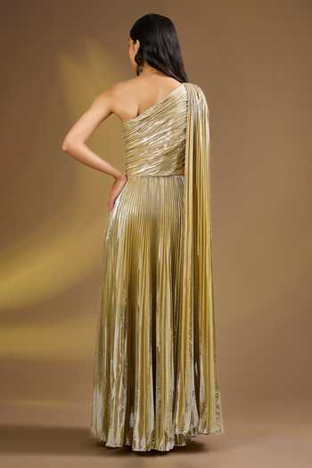 Shop_Ajiesh Oberoi_Gold Silk One Shoulder Blend Pleated Gown _at_Aza_Fashions
