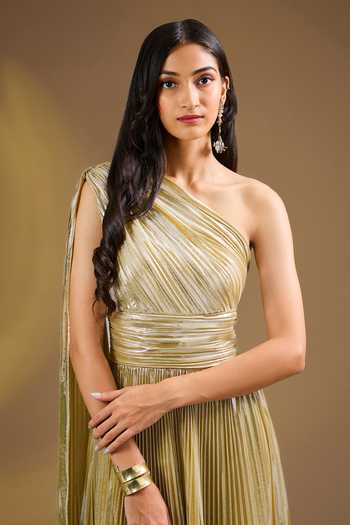 Ajiesh Oberoi_Gold Silk One Shoulder Blend Pleated Gown _Online_at_Aza_Fashions