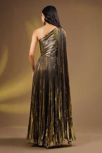Shop_Ajiesh Oberoi_Gold Silk One Shoulder Metallic Pleated Gown _at_Aza_Fashions