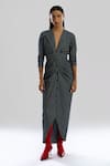 Buy_Aroka_Navy Denim Notched Neck Offset Stripe Dress _at_Aza_Fashions