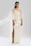 Buy_Aroka_Ivory Chiffon Asymmetric Aura Gown With Cape _at_Aza_Fashions