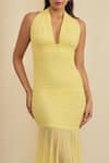 Label Frow_Yellow Lycra, Net Halter Neck Ruched Maxi Dress _Online_at_Aza_Fashions