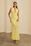 Buy_Label Frow_Yellow Lycra, Net Halter Neck Ruched Maxi Dress _Online_at_Aza_Fashions