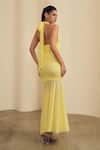 Shop_Label Frow_Yellow Lycra, Net Halter Neck Ruched Maxi Dress _at_Aza_Fashions