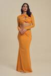 Buy_Label Frow_Orange Lycra, Net V-neck Horizon Maxi Skirt Set _at_Aza_Fashions