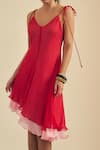 Label Frow_Red Georgette V-neck Cherry Asymmetrical Dress _Online_at_Aza_Fashions