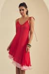 Buy_Label Frow_Red Georgette V-neck Cherry Asymmetrical Dress _Online_at_Aza_Fashions