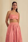 Label Frow_Pink Cotton Satin Square Neck Gathered Flared Maxi Skirt Set _Online_at_Aza_Fashions