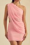 Label Frow_Pink Lycra, Net One Shoulder Candice Mini Skirt Set _Online_at_Aza_Fashions