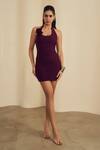 Buy_Label Frow_Burgundy Lycra Halter Neck Rococo Mini Dress _at_Aza_Fashions