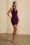 Label Frow_Burgundy Lycra Halter Neck Rococo Mini Dress _Online_at_Aza_Fashions