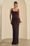 Buy_Label Frow_Brown Lycra, Net Scoop Neck Praline Sheer Bodycon Maxi Dress _at_Aza_Fashions