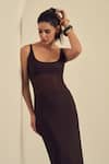 Buy_Label Frow_Brown Lycra, Net Scoop Neck Praline Sheer Bodycon Maxi Dress _Online_at_Aza_Fashions