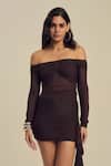 Label Frow_Brown Lycra, Net Off-shoulder Ruching Mini Skirt Set _Online_at_Aza_Fashions