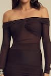 Buy_Label Frow_Brown Lycra, Net Off-shoulder Ruching Mini Skirt Set _Online_at_Aza_Fashions